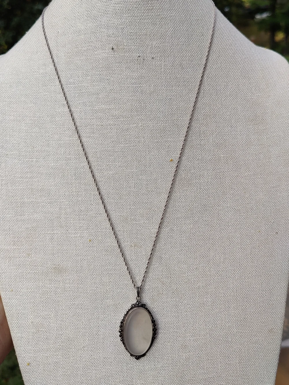 Vintage Sterling Art Deco Camphor Glass And Marcasite Pendant Necklace